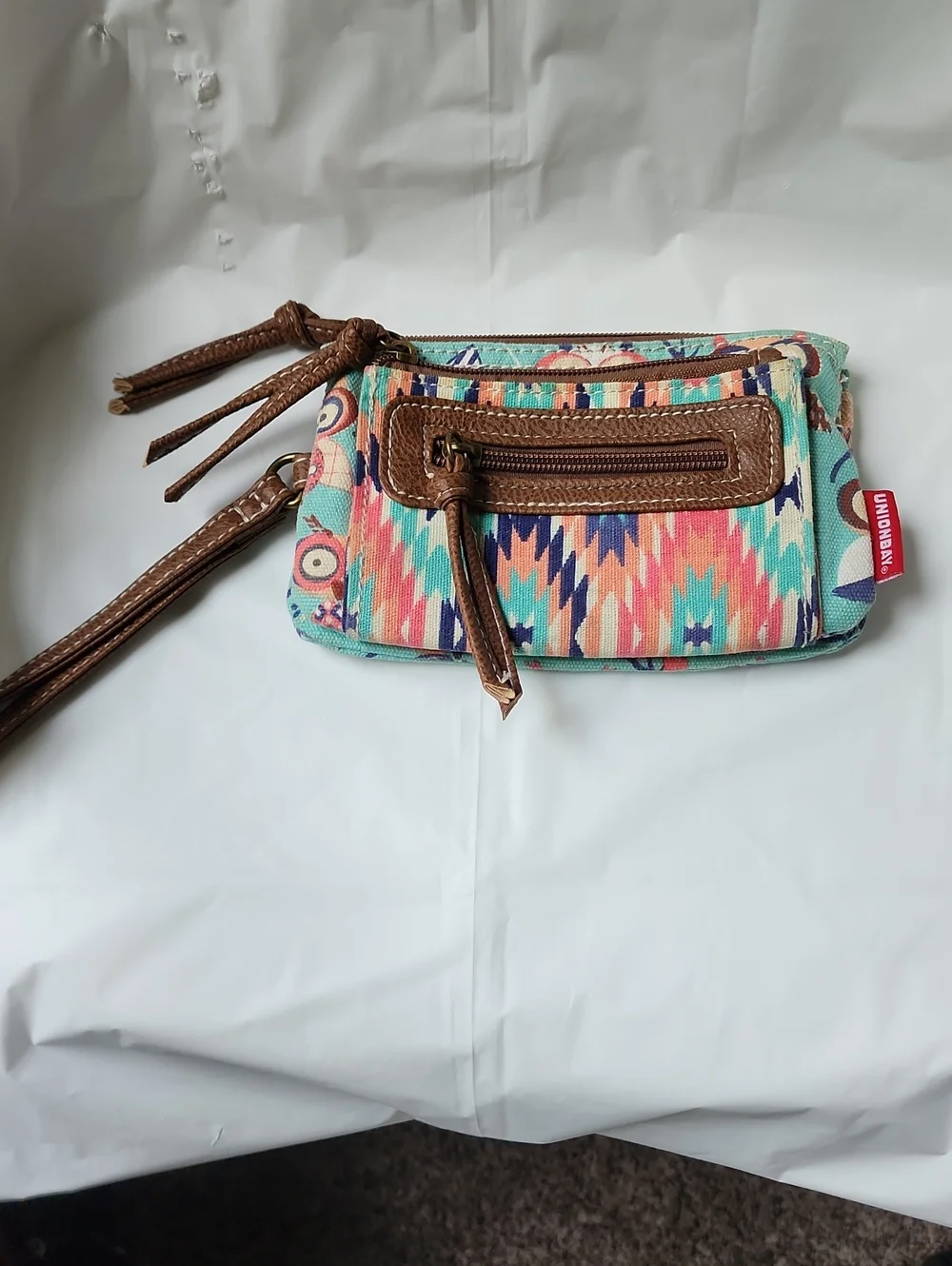 UNIONBAY Turquoise Multi-Color Aztec Wristlet with Brown Trim